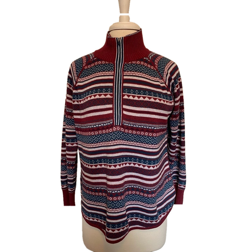 Eddie Bauer Women's LP‎ Engage Fair Isle Knit Ruby 1/4 Zip Pullover Soft Sweater